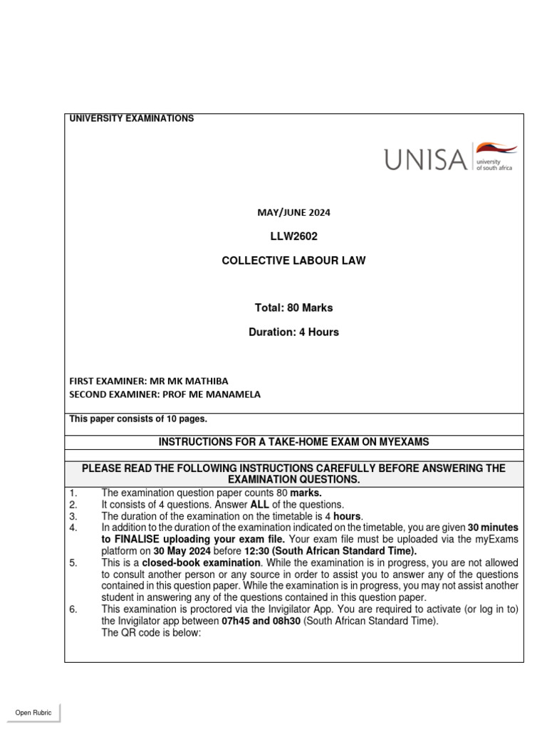 LLW2602 May/June 2024 Exam Instructions | PDF | Plagiarism