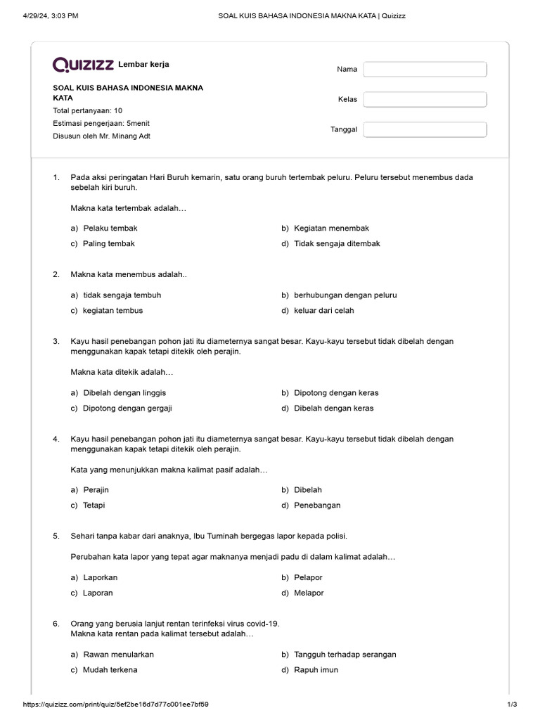 Soal Kuis Bahasa Indonesia Makna Kata Pdf