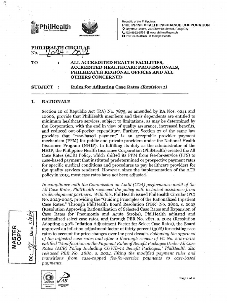 PhilHealth Case Rate Adjustment Rules | PDF | Fee For Service | Health Care