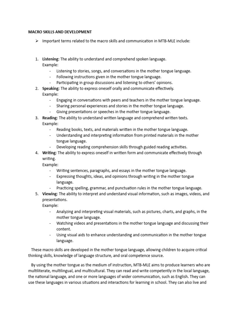 Macro Skills Development in MTB-MLE | PDF | First Language | Communication