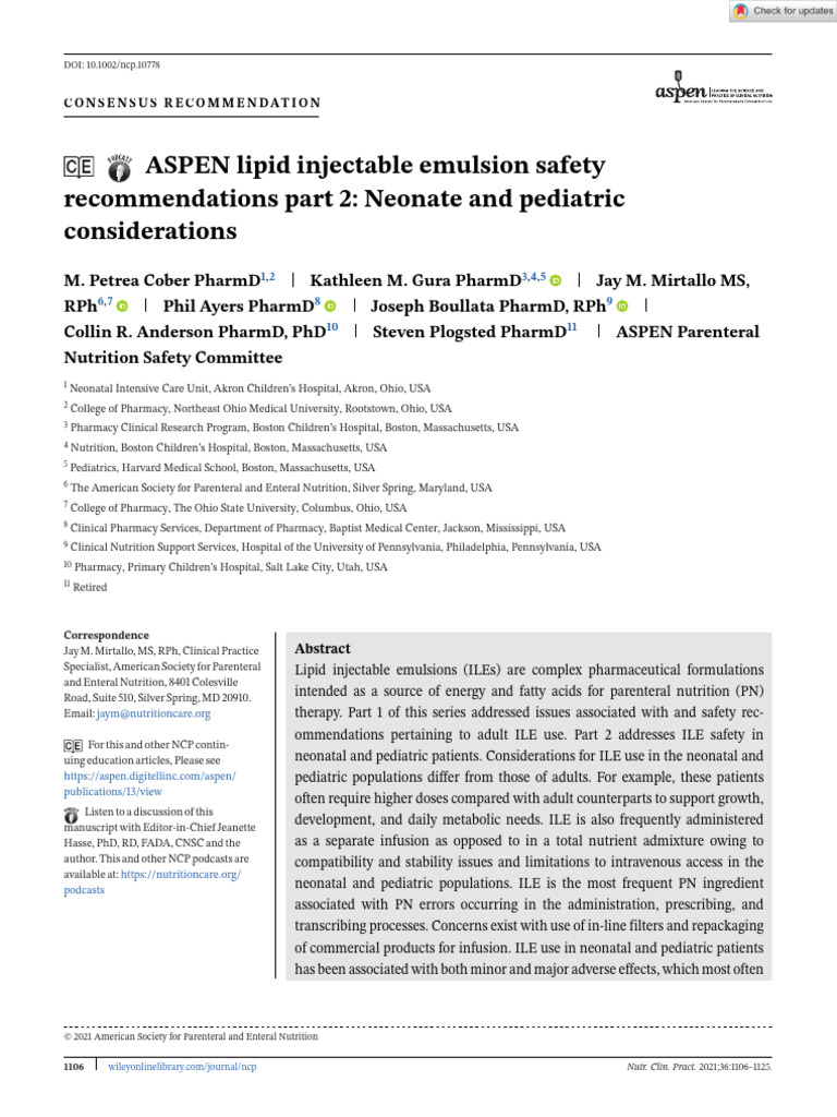 ASPEN ILE Safety for Neonates & Pediatrics | PDF | Intravenous Therapy ...