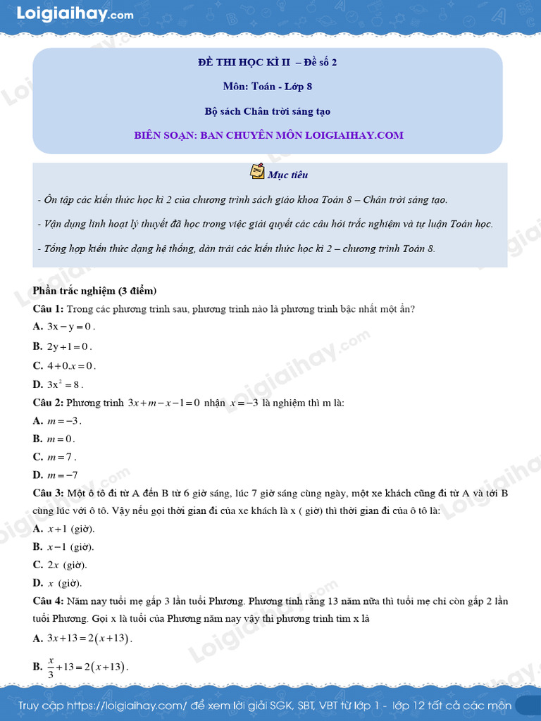 De Thi Hoc Ki 2 Toan 8 | PDF
