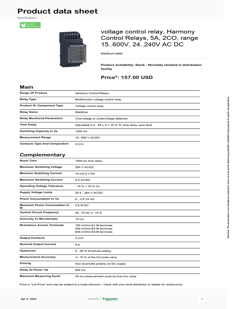 RM35UA13MW Voltage Control Relay Specs | PDF | Relay | Alternating Current