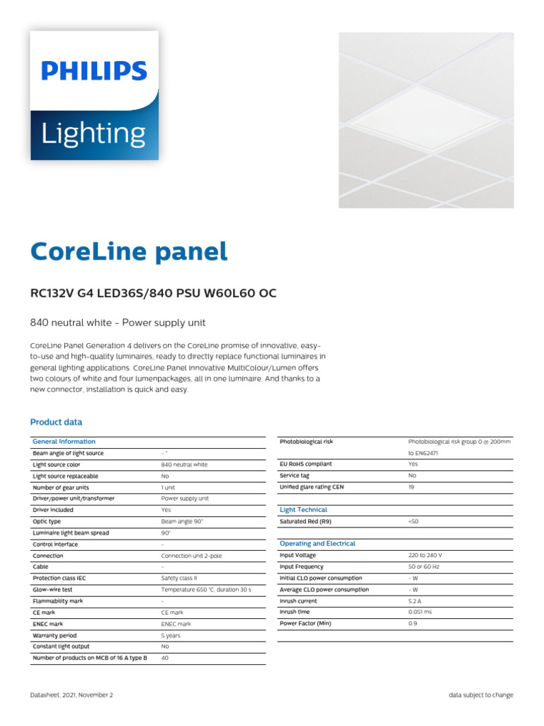 CoreLine Panel RC132V G4 LED 36W 840 | PDF | Lighting | Power Supply