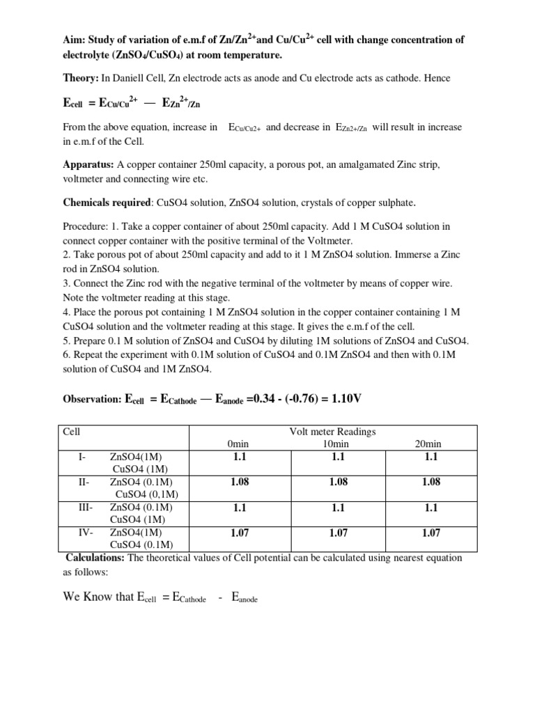 E.M.F Variation in Daniell Cell Experiment | PDF