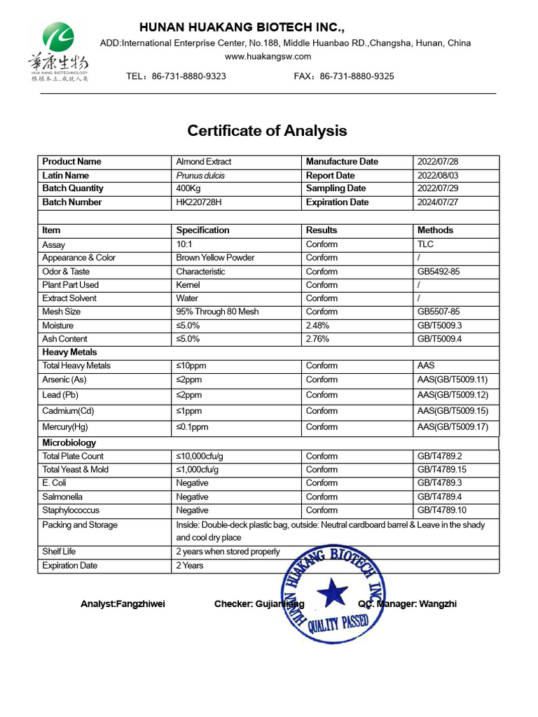 COA Almond Extract 10 1 HK220728H | PDF | Chemistry | Chemical Substances