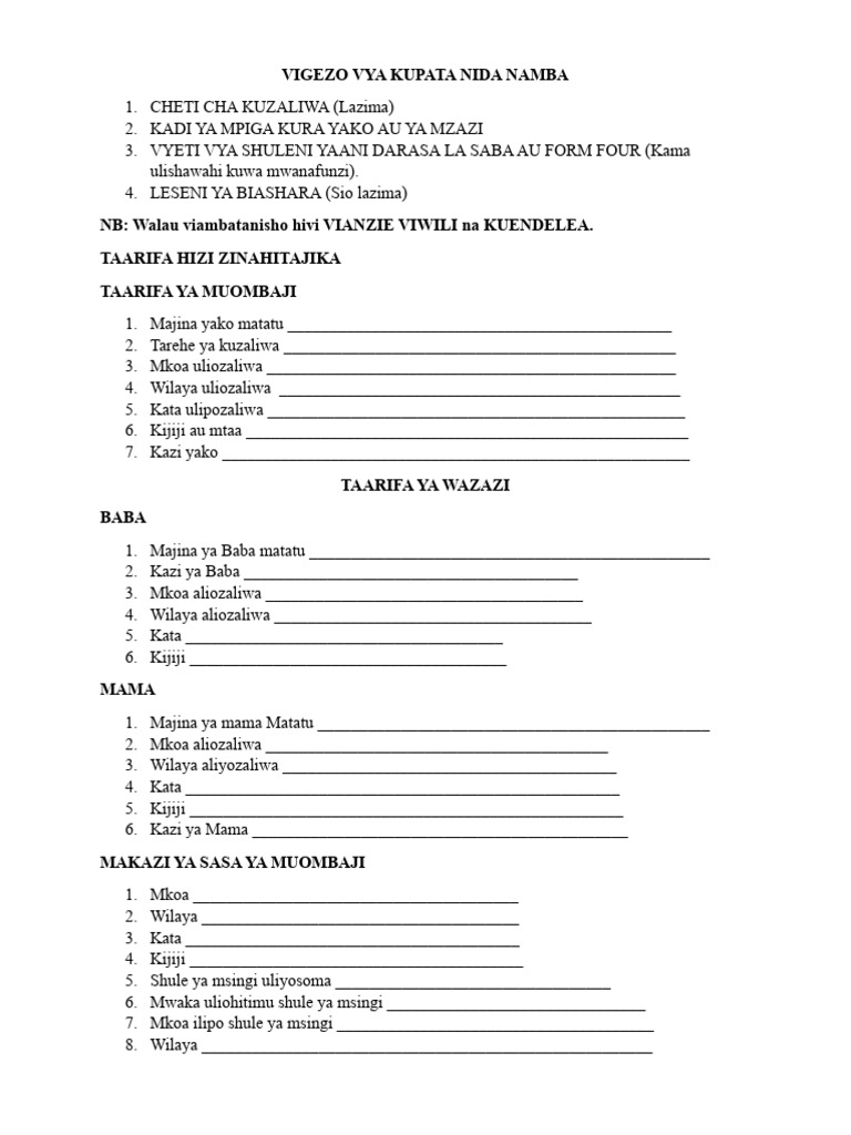 Vigezo Vya Kupata Nida Namba | PDF
