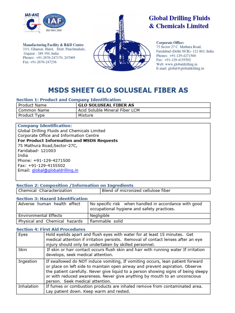 GLO Soluseal Fiber AS MSDS Overview | PDF | Dust | Fires