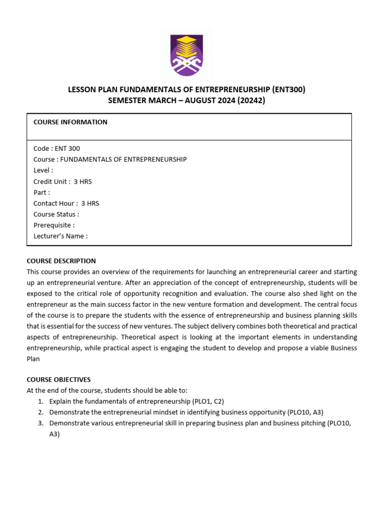 ENT300 Lesson Plan Overview 2024 | PDF | Entrepreneurship | Fluency