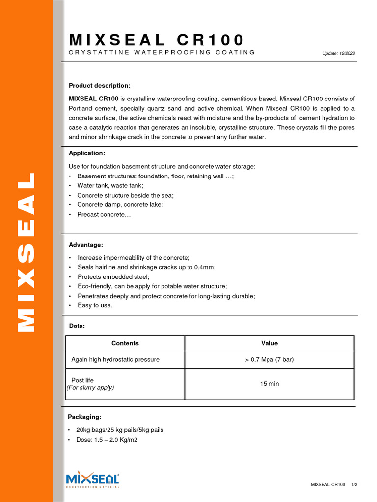 Mixseal CR100 Waterproofing Guide | PDF | Concrete | Cement