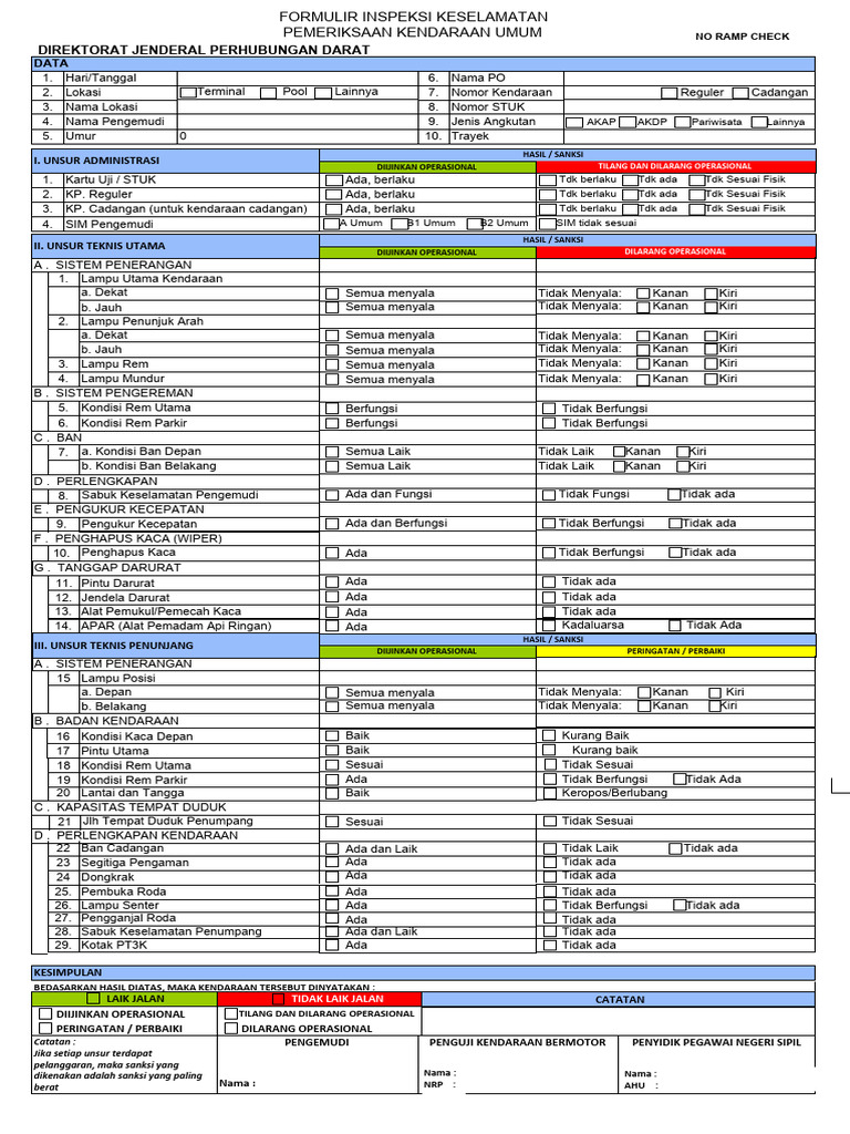 Formulir Ramp Check Kendaraan Umum | PDF