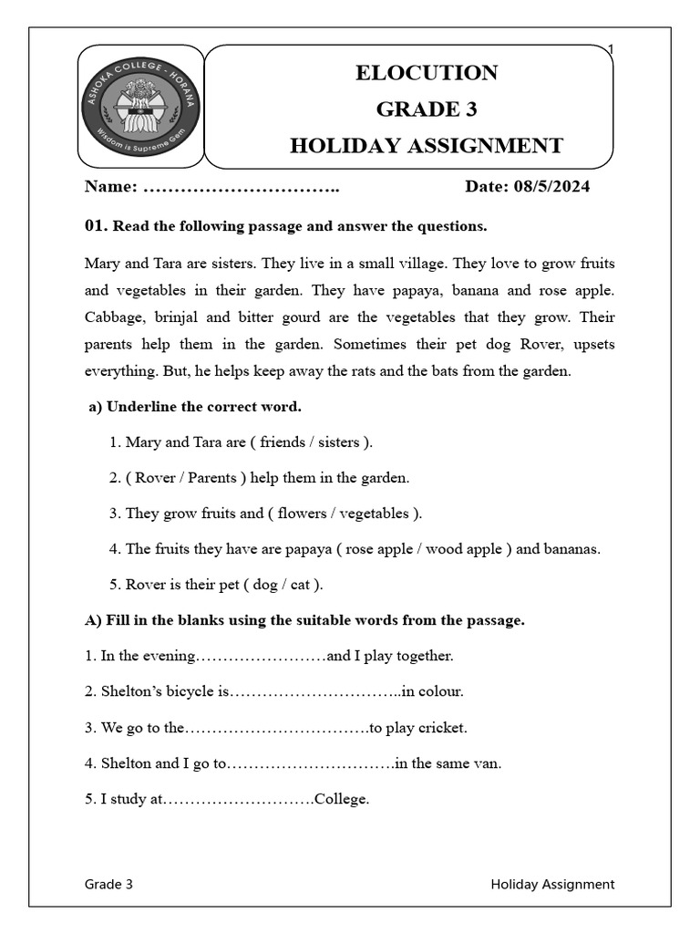 Assesment Grade 3 | PDF