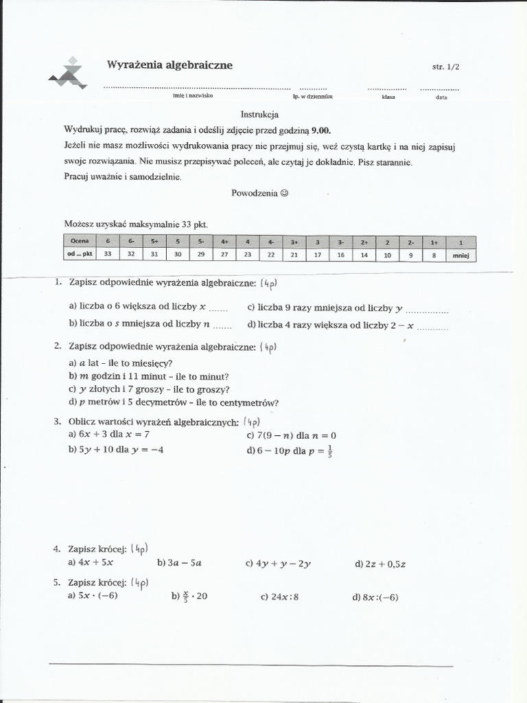 Obliczanie Wartości Wyrażeń Algebraicznych Klasa 6 Kartkówka Wyrażenia Algebraiczne - Kartkówka | PDF
