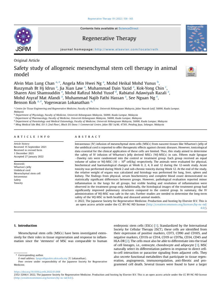 Safety Study of Allogeneic Mesenchymal Stem Cell Therapy in Animal-Main ...