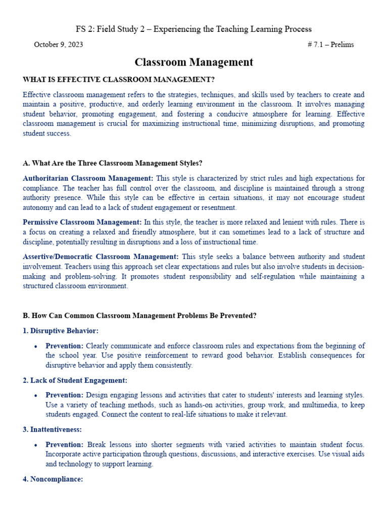 7.0 - Classroom Management and Blooms Questioning | PDF | Classroom ...