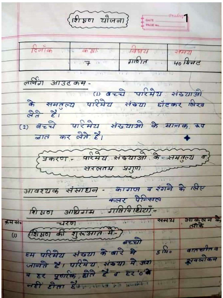 Math class 7 lesson plan pdf