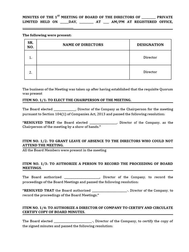First Board Meeting Minutes Download Free Pdf Private Law Justice