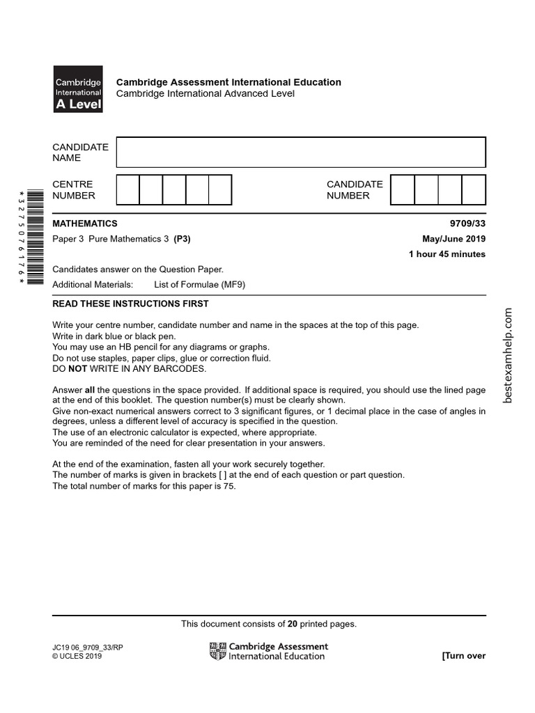 Cambridge A Level Mathematics P3 Exam 2019 | PDF | Mathematics ...