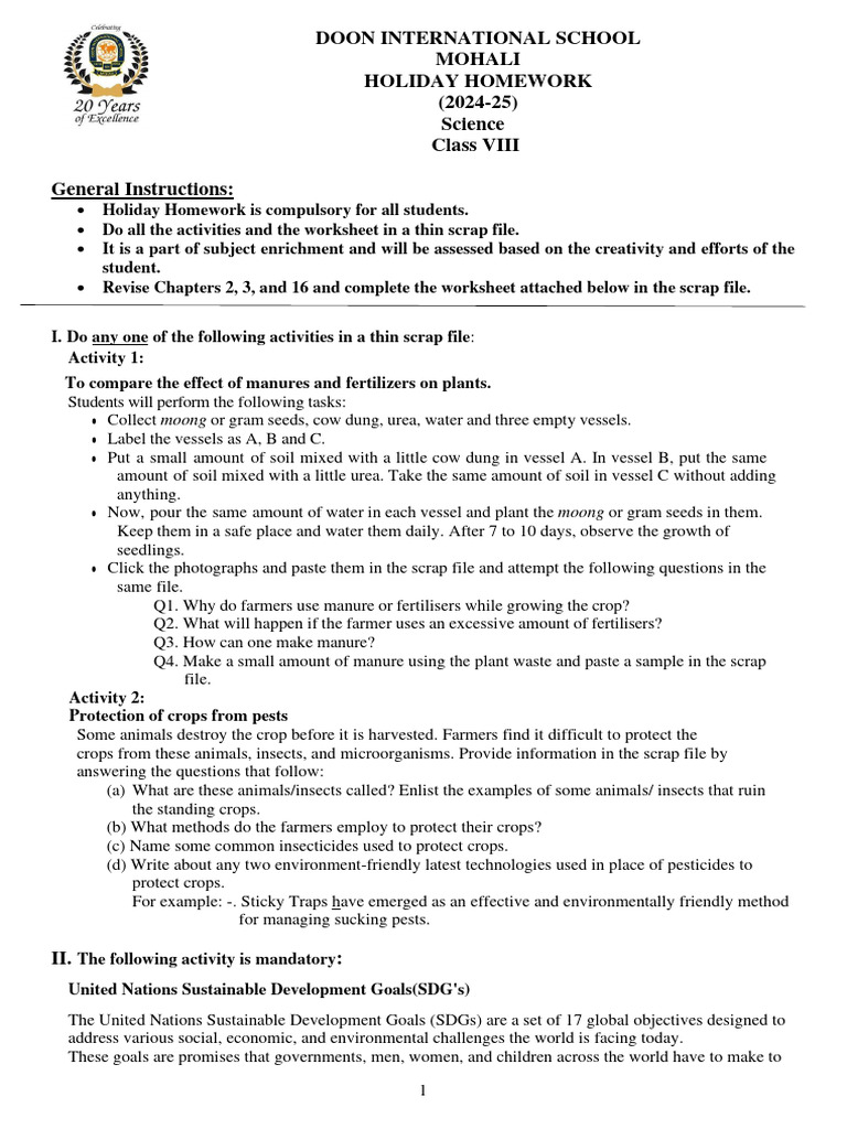 Class VIII Science Holiday Homework 2024-25 | PDF | Manure | Sustainability