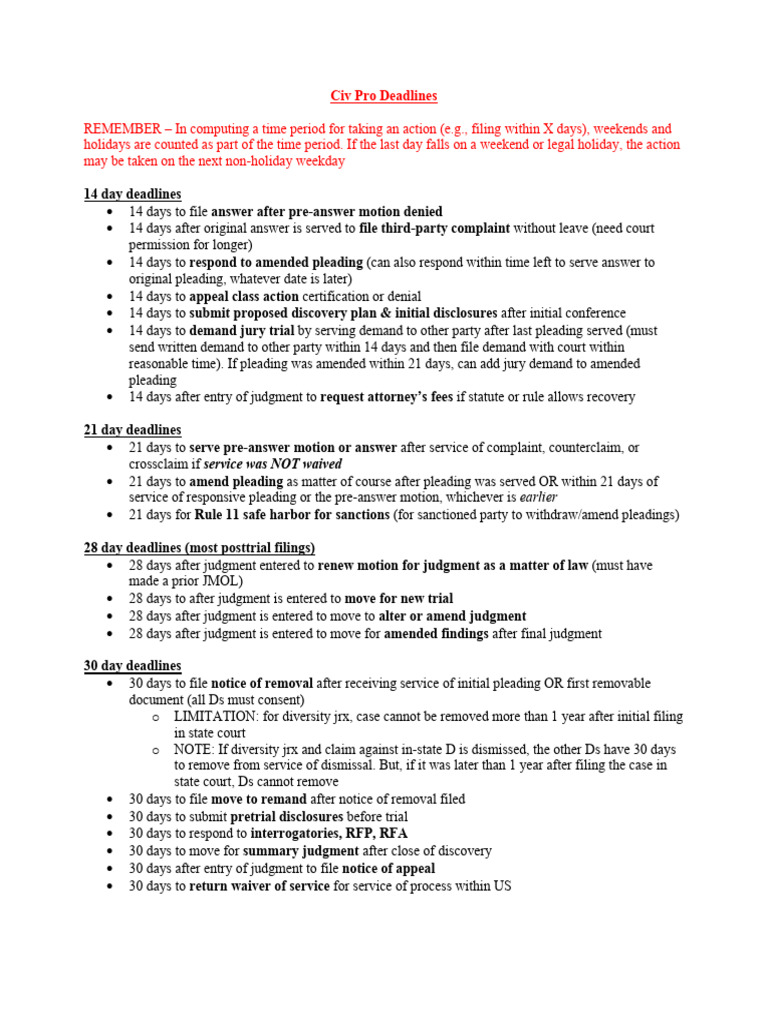 Civ pro deadlines bar exam pdf discovery law judgment law 