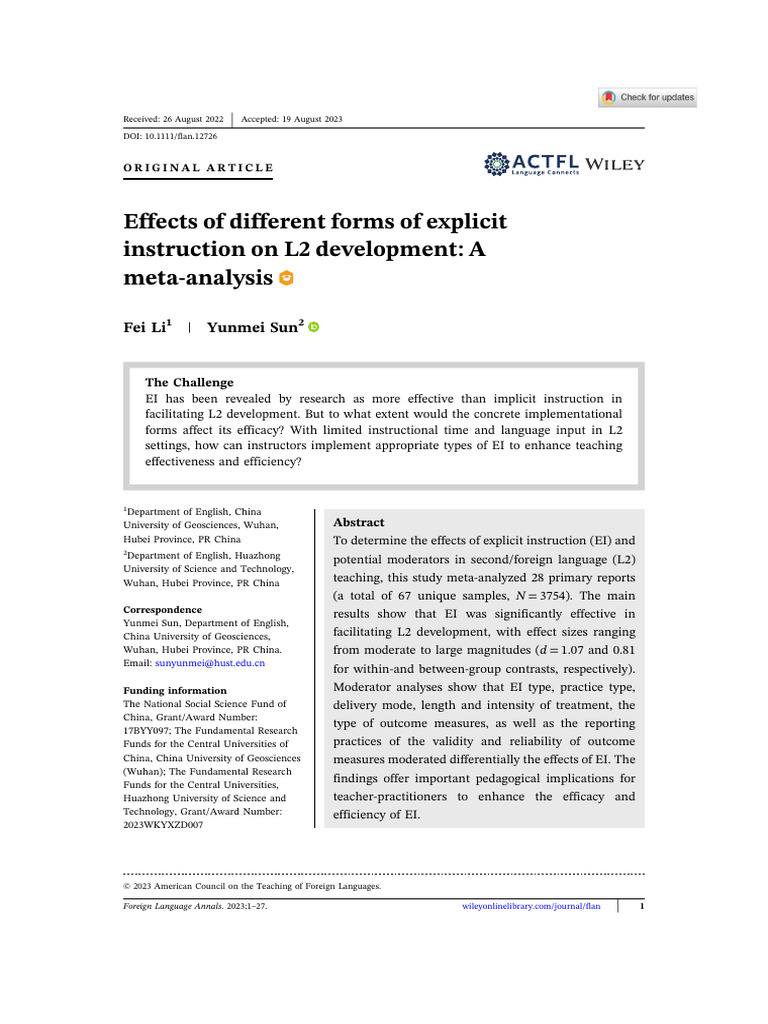 Impact of Explicit Instruction on L2 Learning | PDF | Effect Size ...