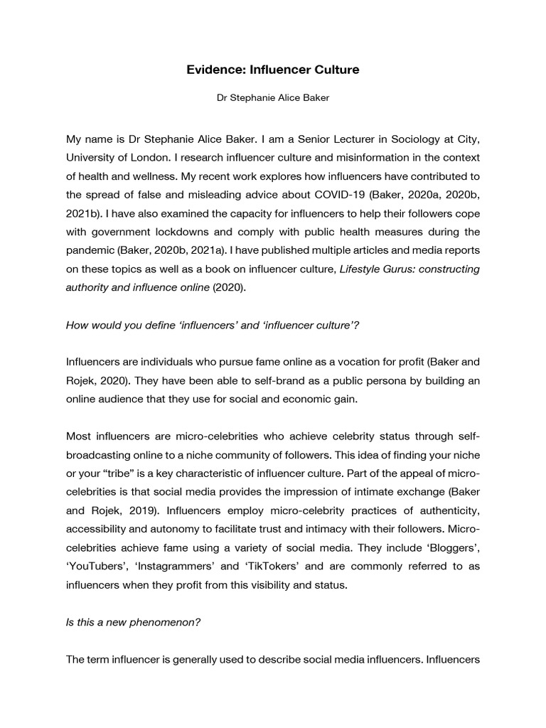 Baker, S.A. (2021) - Written Evidence Influencer Culture (INF0004) UK ...