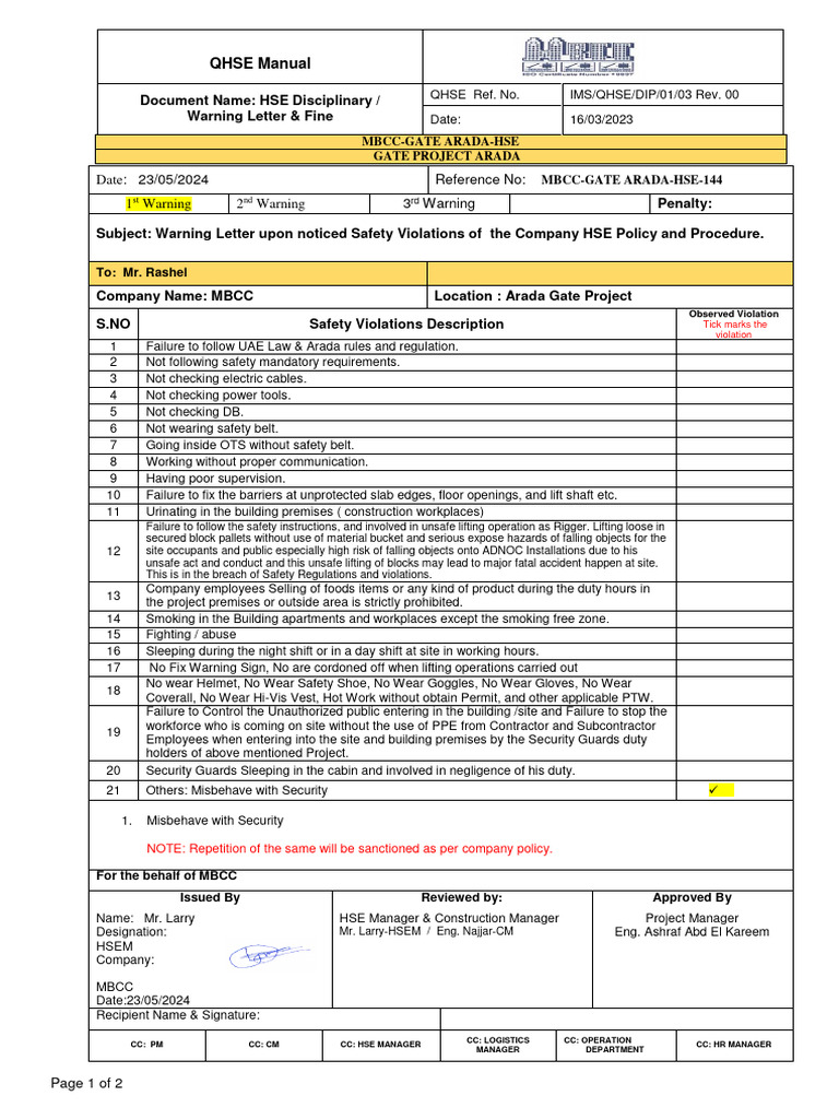 HSE Disciplinary Warning Letter Template | PDF | Safety | Occupational ...