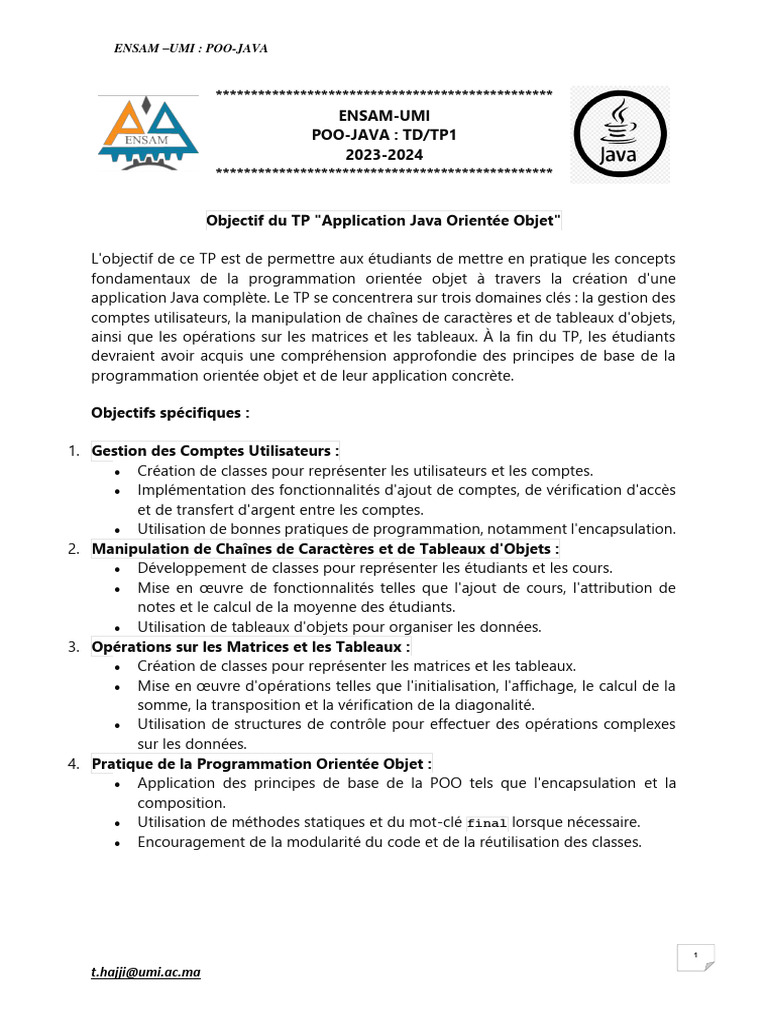 TP POO en Java : Gestion Utilisateurs et Matrices | PDF | Classe ...