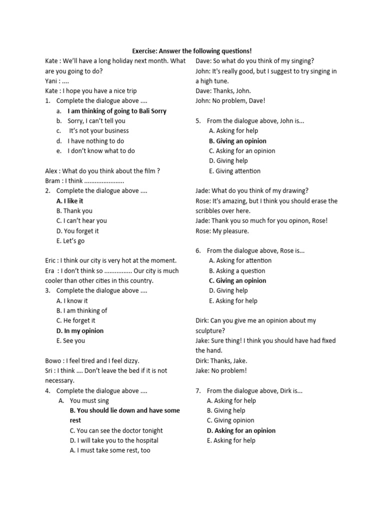 Dialogue Completion Exercise for Opinions | PDF | Language Arts ...
