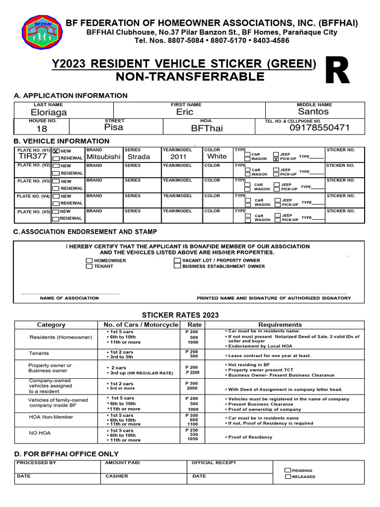 2023 BF Homes Vehicle Sticker Application | PDF | Traffic | Common Law