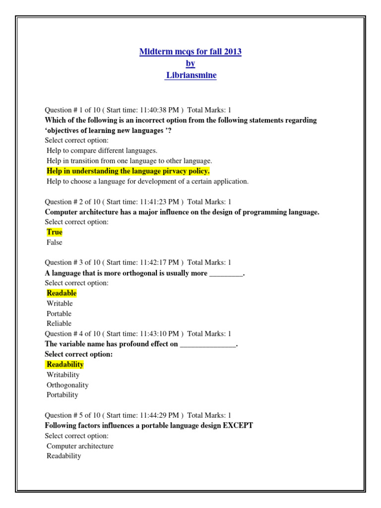 Midterm MCQs on Programming Languages | PDF | Control Flow | Pointer ...