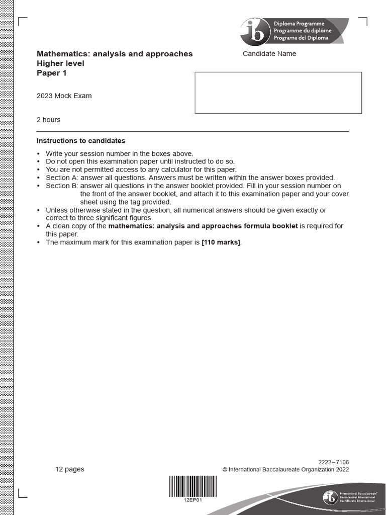 Mathematics: Analysis and Approaches Higher Level Paper 1: Instructions ...