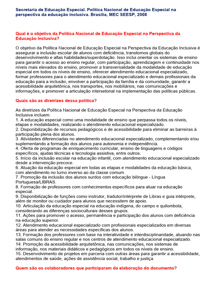 Política de Educação Inclusiva 2008 | PDF | Educação Especial ...