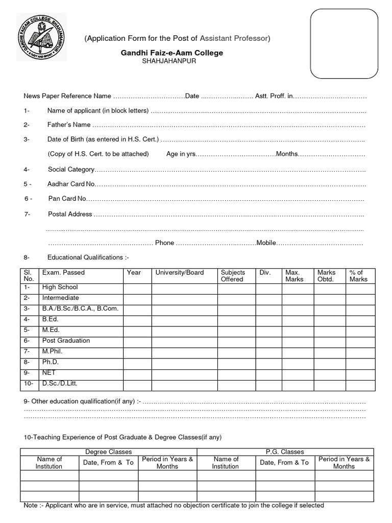 Assistant Professor Application Form | PDF | Qualifications