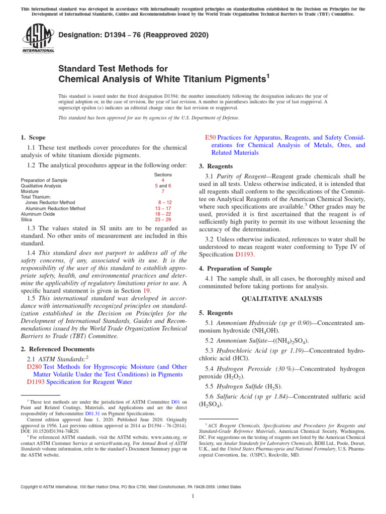 D1394-20 Contenido de Titanio | PDF | Sulfuric Acid | Titration