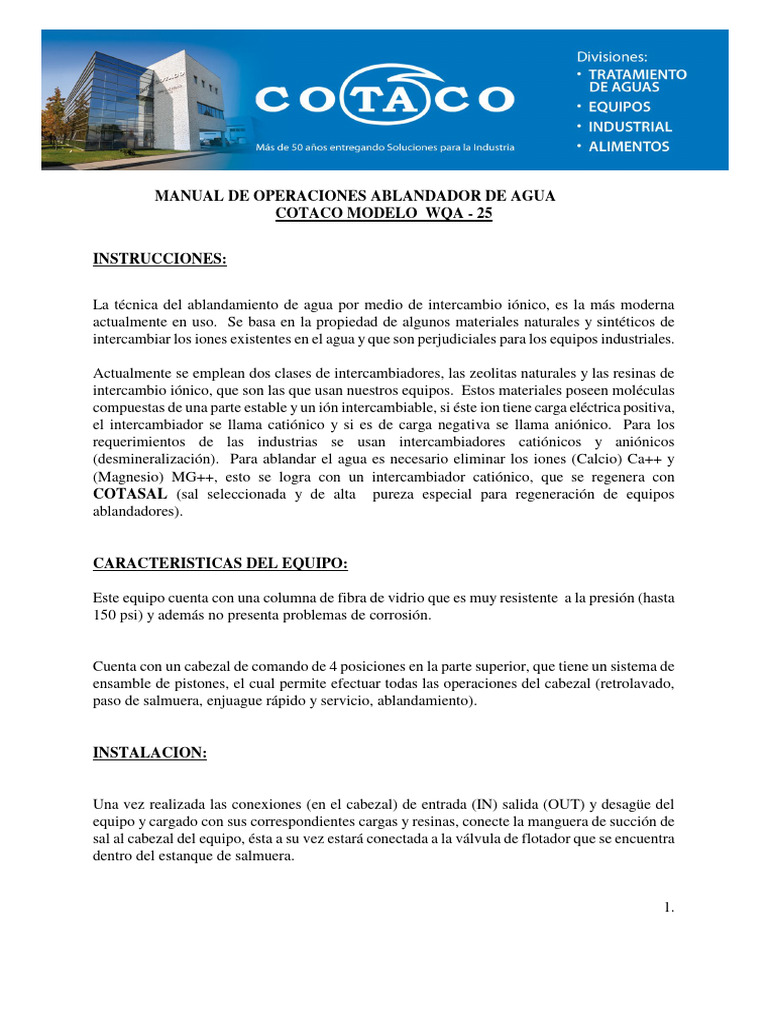 Manual de Ablandador de Agua WQA-25 | PDF | Intercambio iónico ...