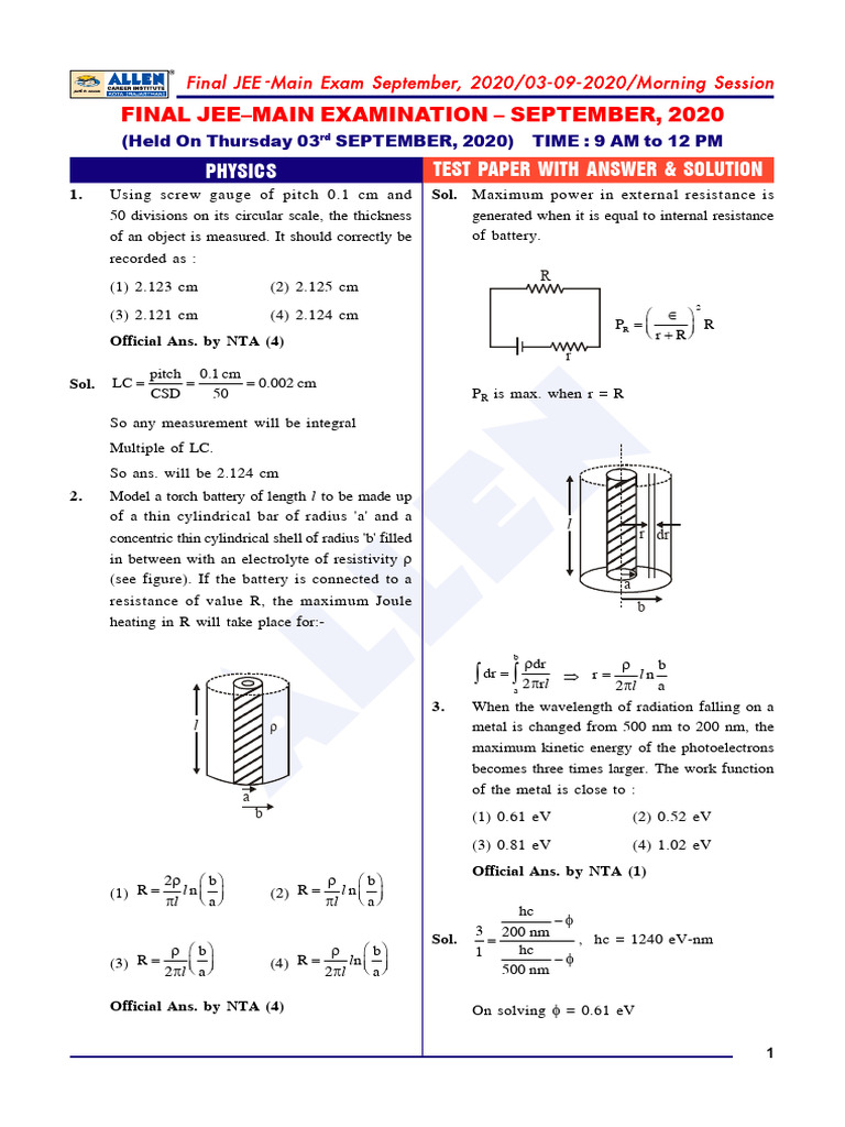 JEE Main Physics Exam Solutions 2020 | PDF | Electronvolt | Electrical ...