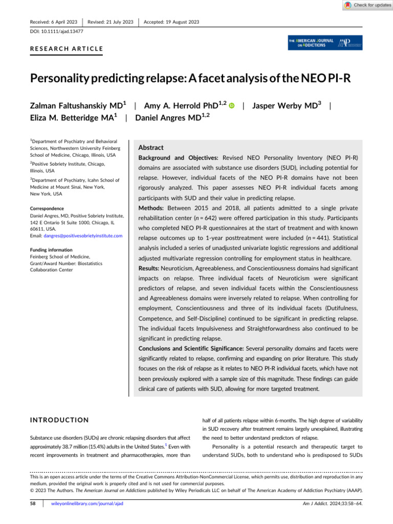American J Addict - 2023 - Faltushanskiy - Personality predicting ...