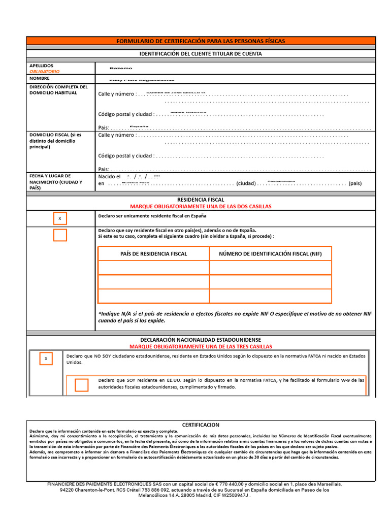 Self Certification Form FATCA AEOI ES Es PDF Gobierno Justicia