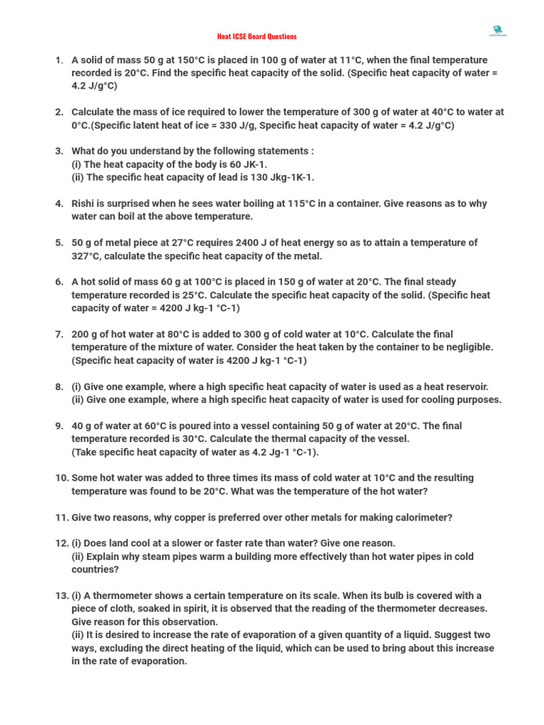 ICSE Heat and Energy Questions | PDF | Heat | Latent Heat