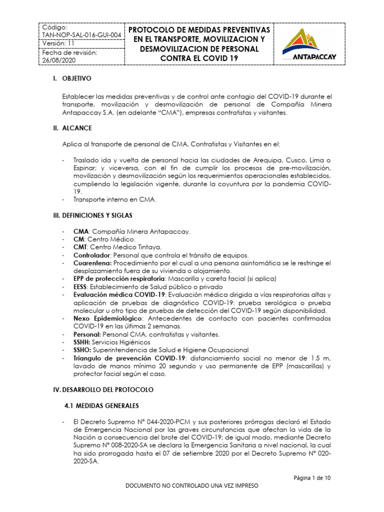 Protocolo de Medidas Preventivas en El Transporte Movilizacion y ...