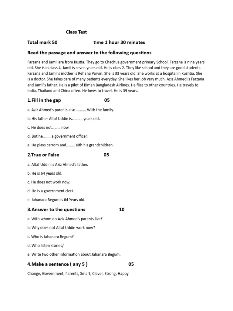Class Test on Family and School Life | PDF | Language Arts & Discipline