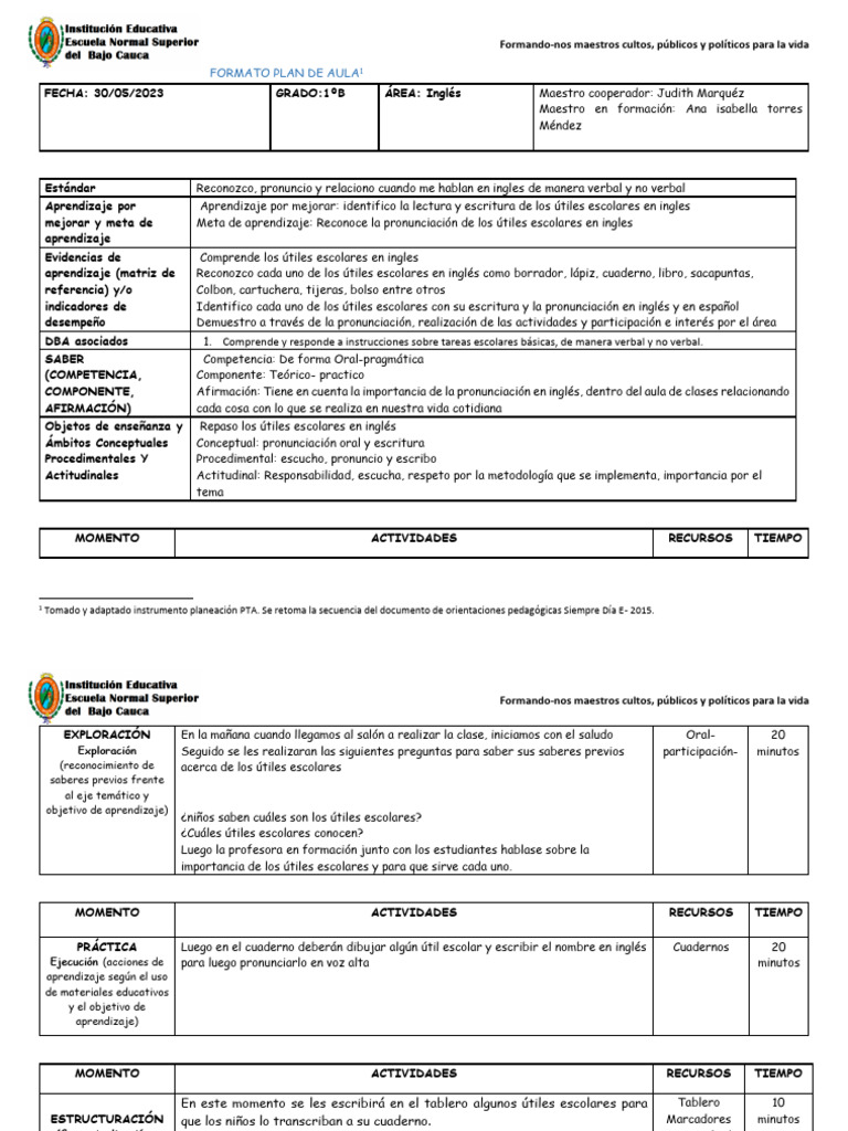 Utiles escolares en inglés: Plan de aula | PDF | Aprendizaje ...