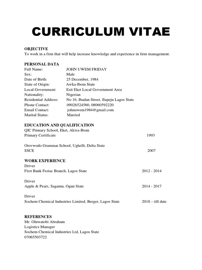 John Uwem Friday's CV: Driver Experience | PDF