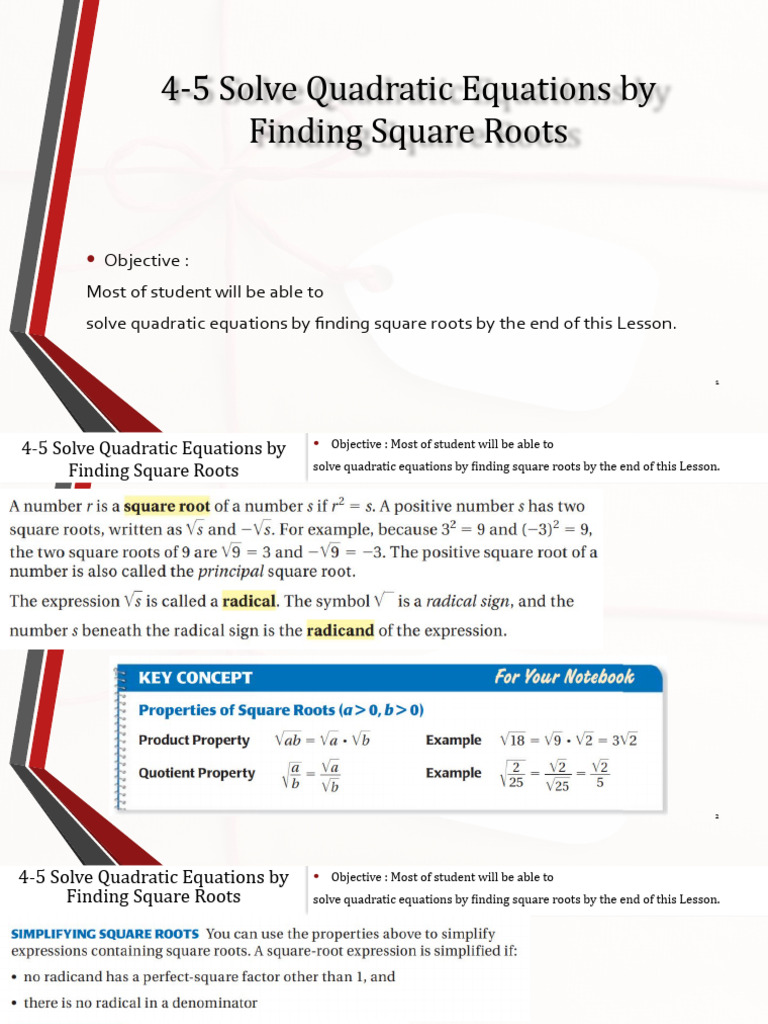 4.5 Solve Quadratic Equations by Finding Square Roots | PDF | Quadratic ...