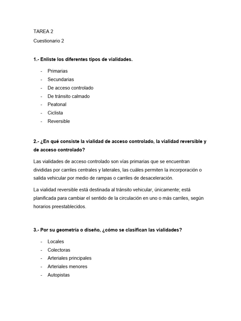 Cuestionario Tipos de Vialidades e Infraestructura