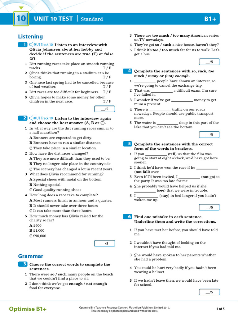 OPT B1plus Unit Test 10 Standard | PDF | Marathon