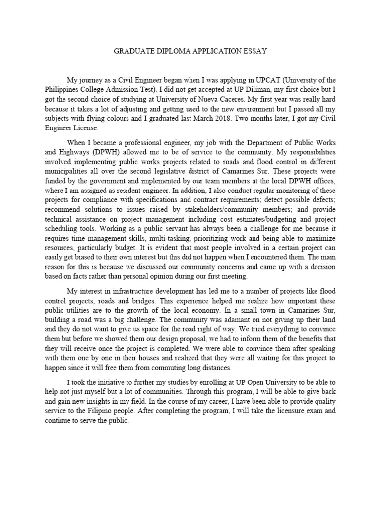 Graduate Diploma Application Essay: Civil Engineering Journey | PDF ...
