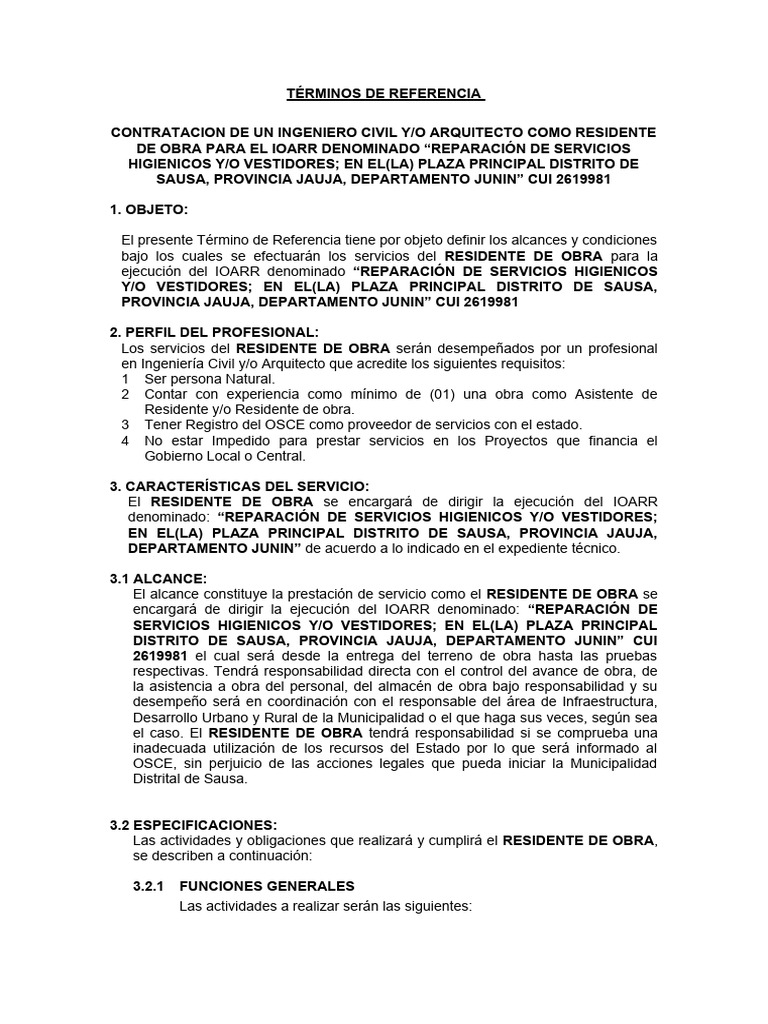 Contratación de Residente de Obra en Sausa | PDF | Finanzas y dinero ...