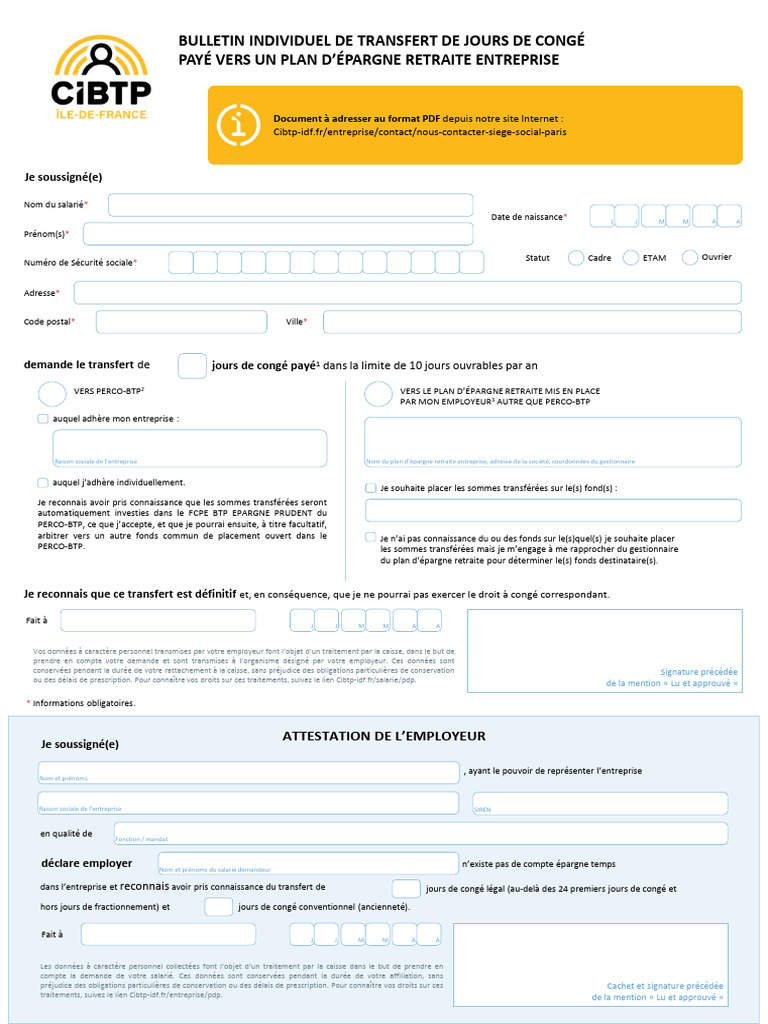 Transfert de Congés Payés vers PERCOBTP PDF Retraite Business — free download